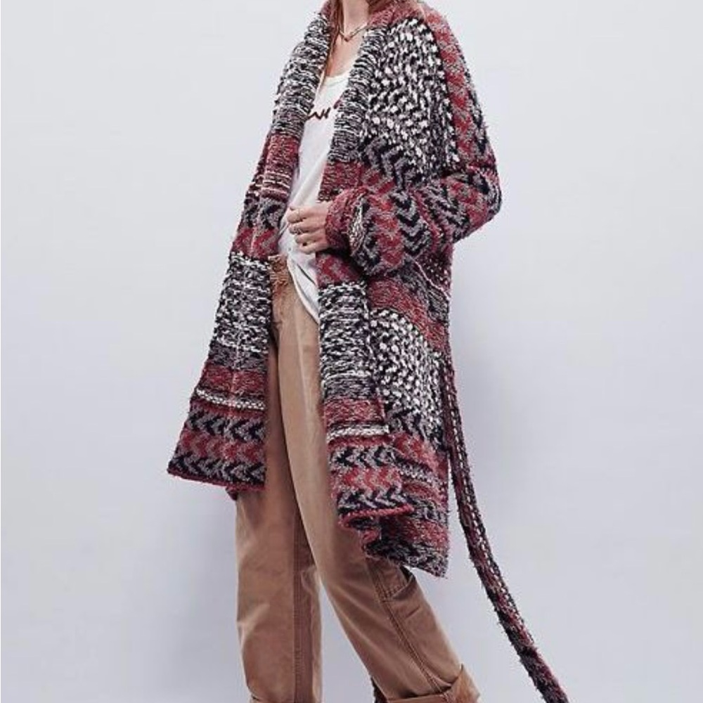 FREE PEOPLE Charcoal Combo IONA Mix PATTERN Long BELTED Cardigan SWEATER